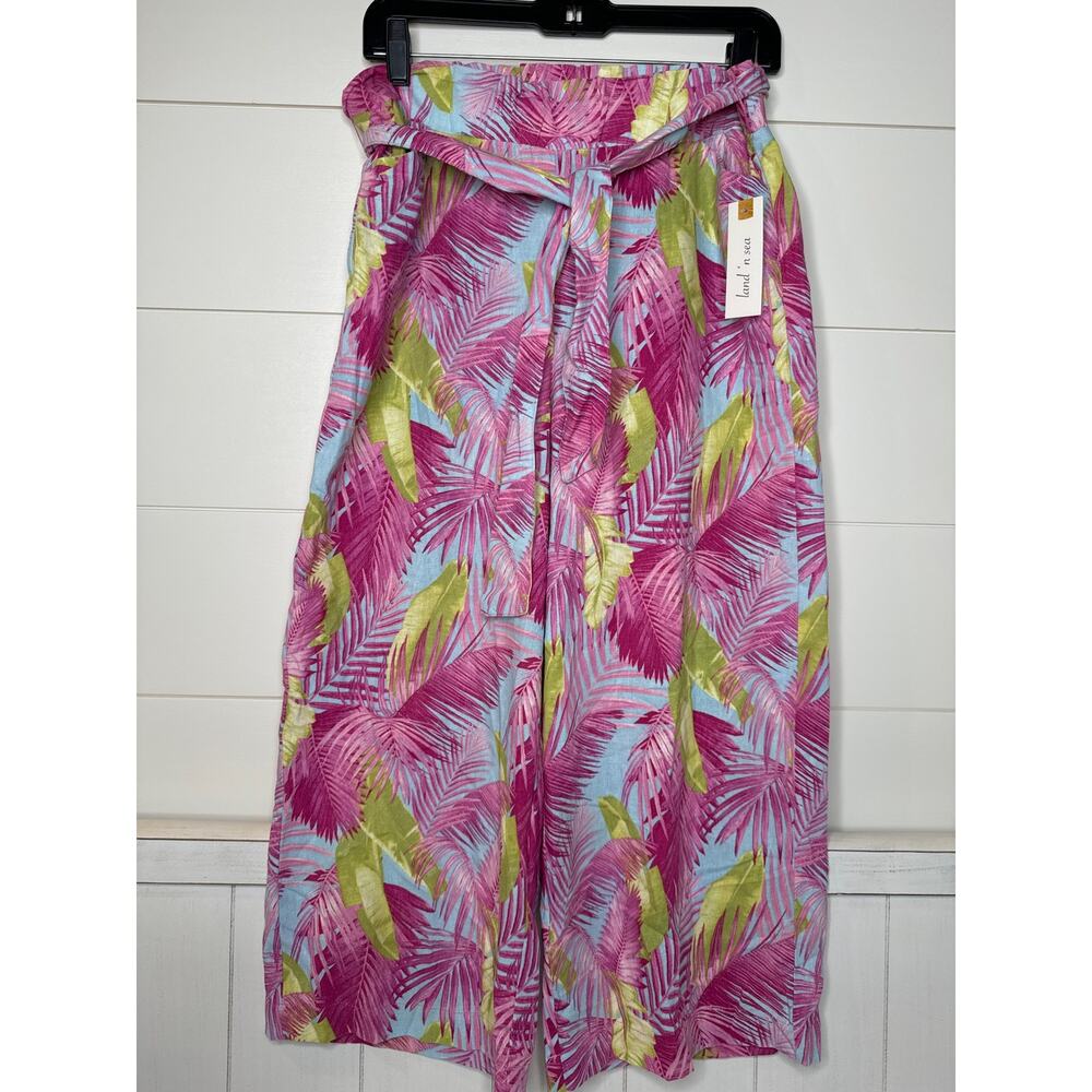 Land n' Sea Washable Linen Blend Crop Wide Leg Pant, Tie Belt, Pockets Small NWT